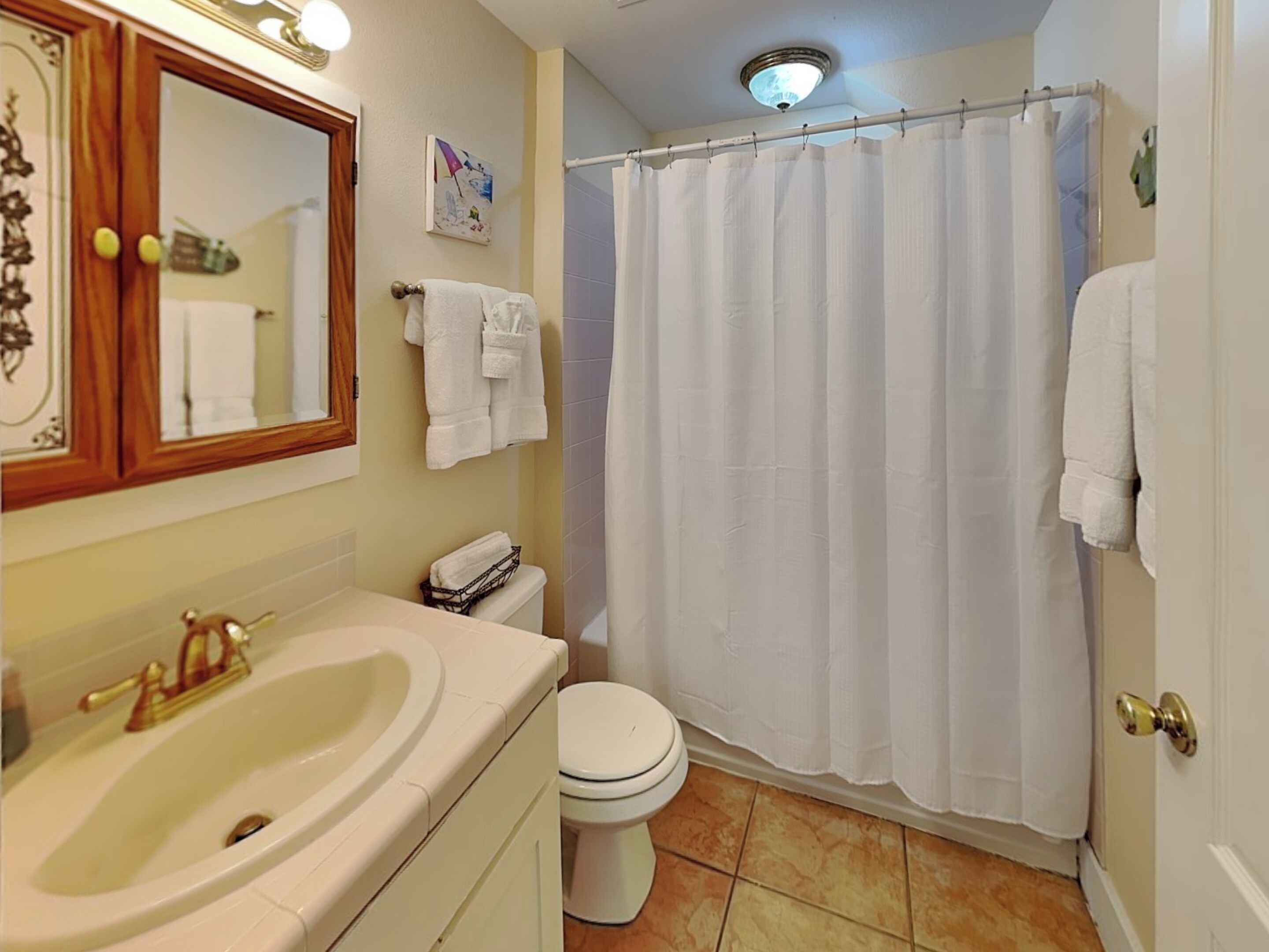 Une salle de bain équipée d’un lavabo, de toilettes et d’un rideau de douche.