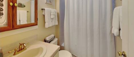 Une salle de bain équipée d’un lavabo, de toilettes et d’un rideau de douche.