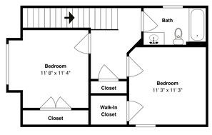 A floor plan with two bedrooms, two closets, a walk-in closet, and a bathroom.