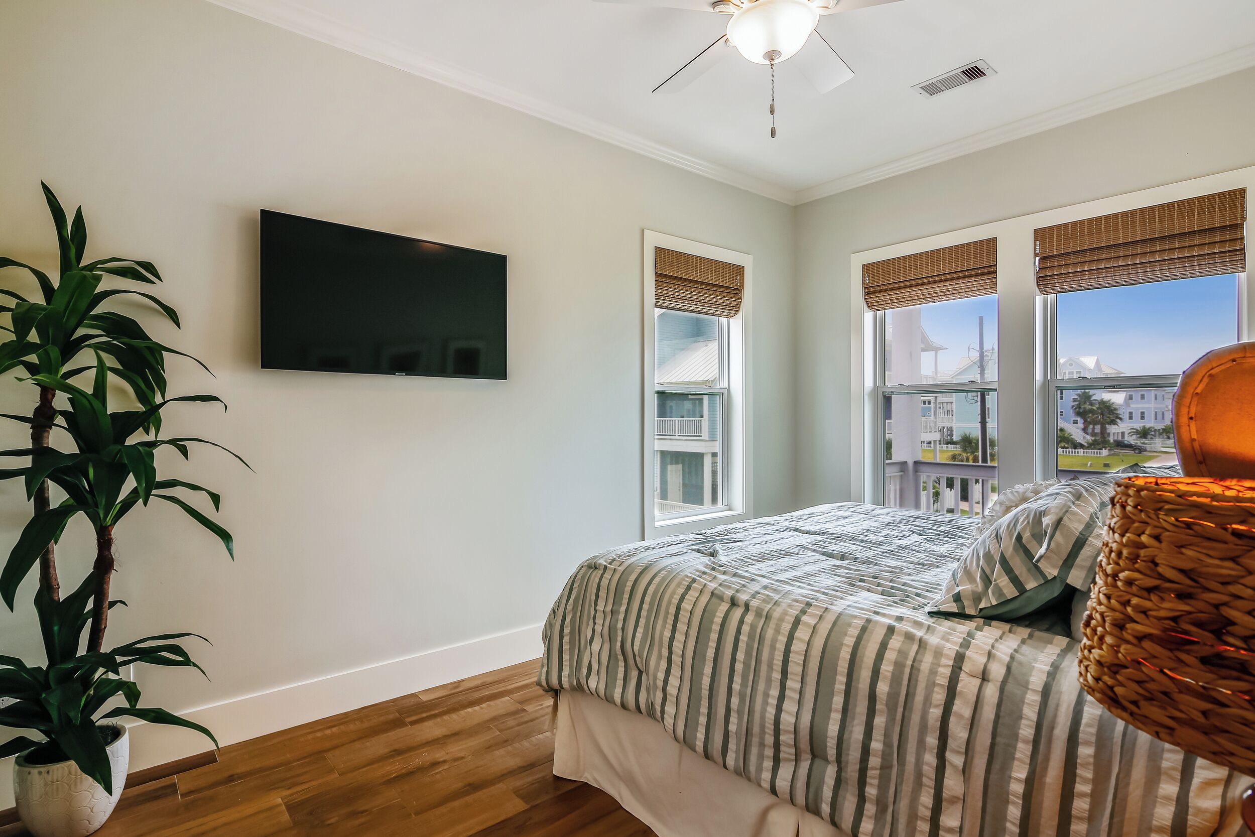 A bedroom with a bed, a TV, a potted plant, and a view of buildings through the windows.