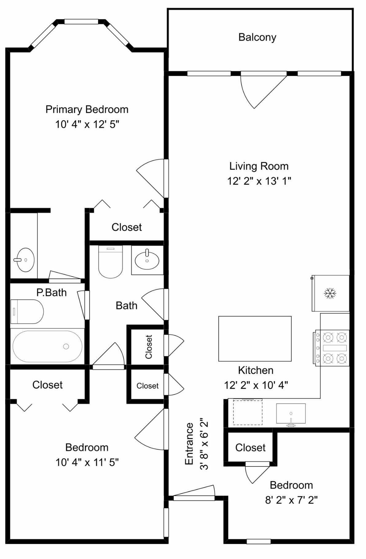 Un plan d’étage comprenant une chambre principale, un salon, une cuisine et deux chambres plus petites.