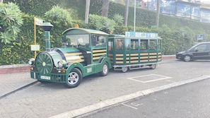 Un tranvía verde y amarillo con una rueda delantera grande y una trasera más pequeña, estacionado en una calle pavimentada con bordillo.