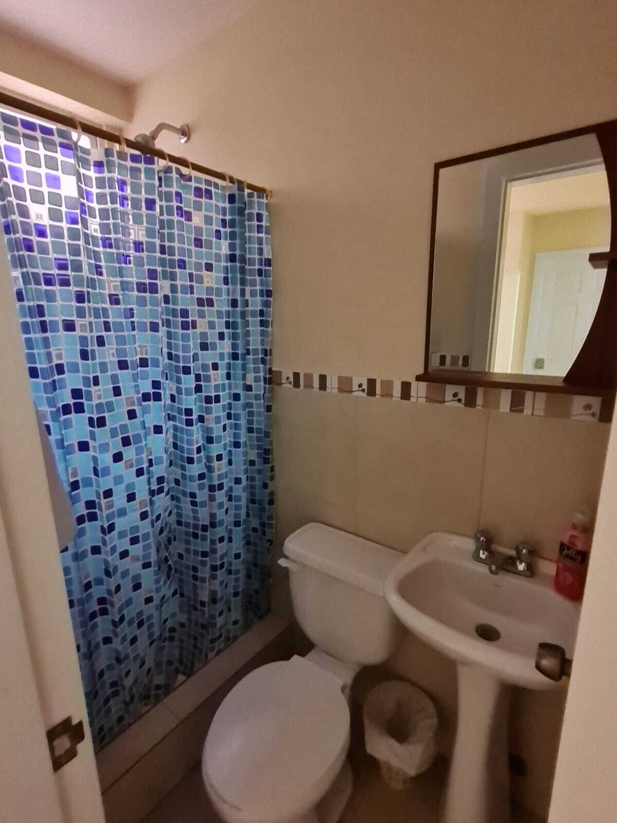 A bathroom with a mosaic shower curtain, a toilet, and a sink with a mirror above it.