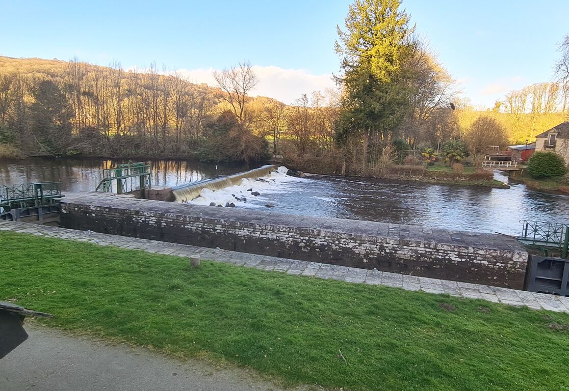 A river with a dam, grassy banks, and a forested hillside in the background.