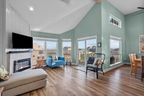 Smart TV, fireplace, DVD player, books