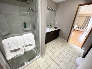 Combined shower/tub, hair dryer, towels, soap