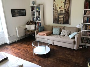 Smart TV, chimenea y biblioteca musical 