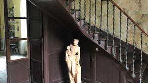 A staircase with a dark wooden handrail and metal balusters, leading to a landing with a statue of a woman.