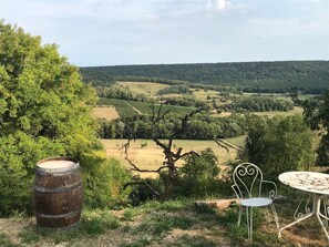 A rustic outdoor seating area with a barrel and metal chairs overlooking a vineyard. - Château de la Mothe, with a tennis court and grounds all to yourself (Anrosey)