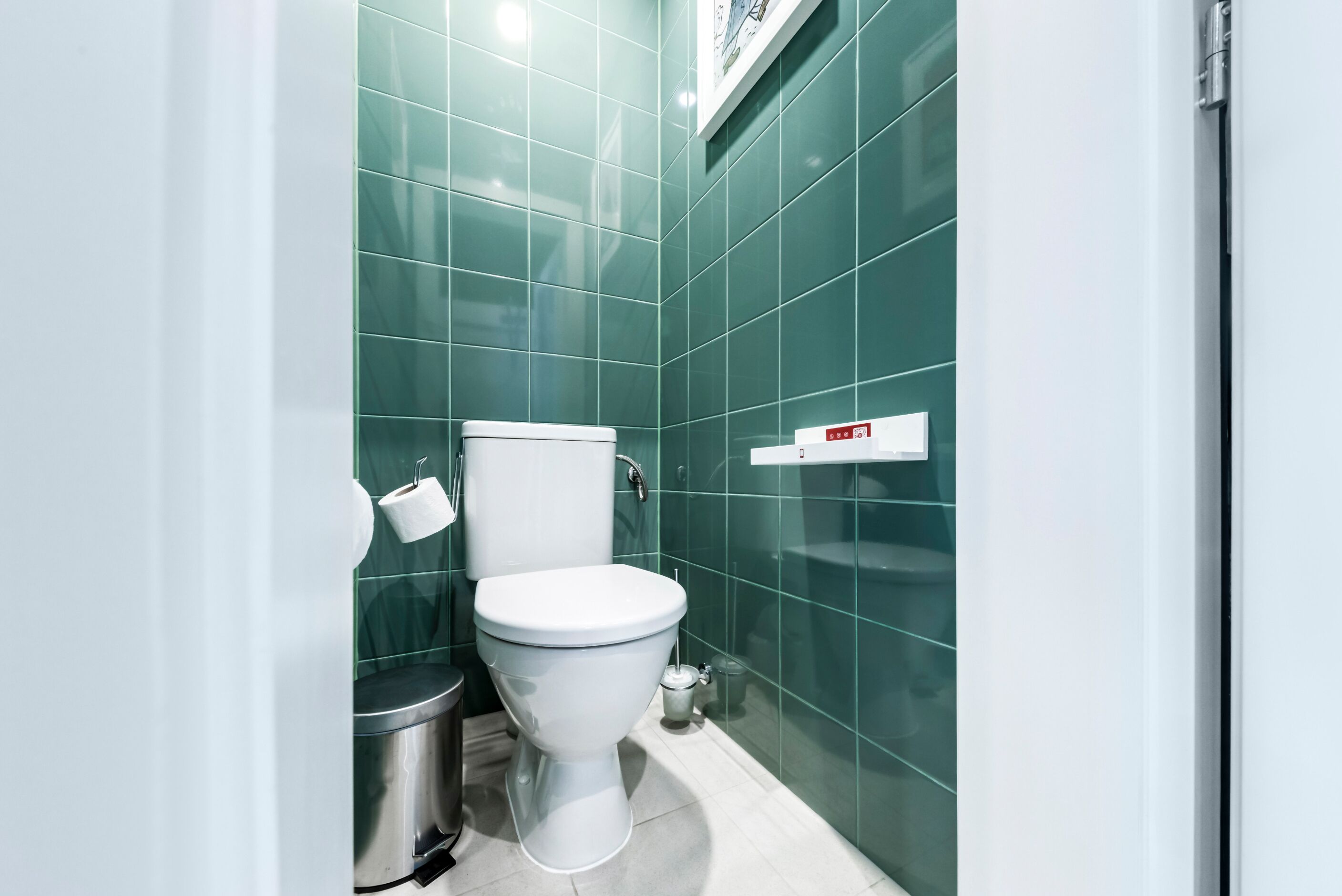 A modern bathroom with a white toilet, a trash bin, and a toilet paper holder.