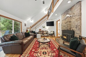 Smart TV, caminetto, libri, monitor per computer