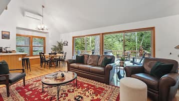 Smart TV, fireplace, books, computer monitors