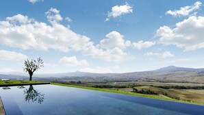 Une piscine offrant une vue dégagée sur un arbre et des collines lointaines.