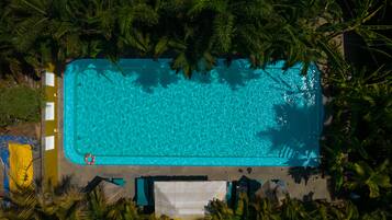 An aerial view of a rectangular swimming pool surrounded by palm trees and a tiled deck.