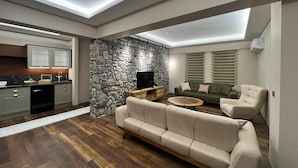 Una sala de estar moderna con una pared de acento de piedra, un sofá, una mesa de centro y un televisor.