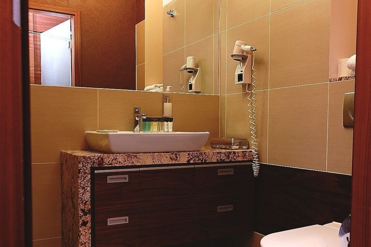 A bathroom with a marble sink, a mirror, a hairdryer, and a toilet.