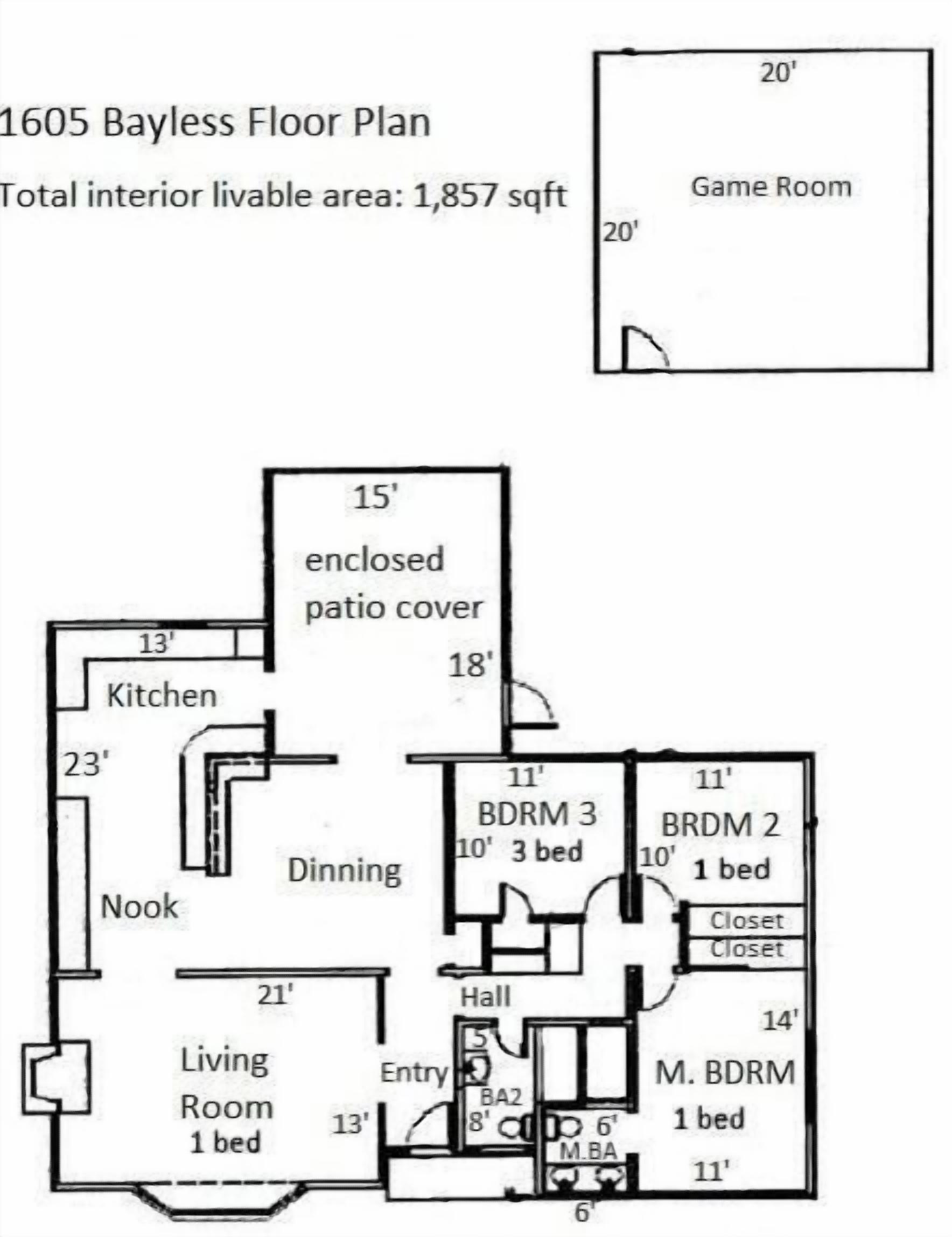 Un modèle de maison Bayless de 1605 pieds carrés, comprenant une salle de jeux de 20 pieds, un patio couvert et plusieurs chambres et salles de bain.