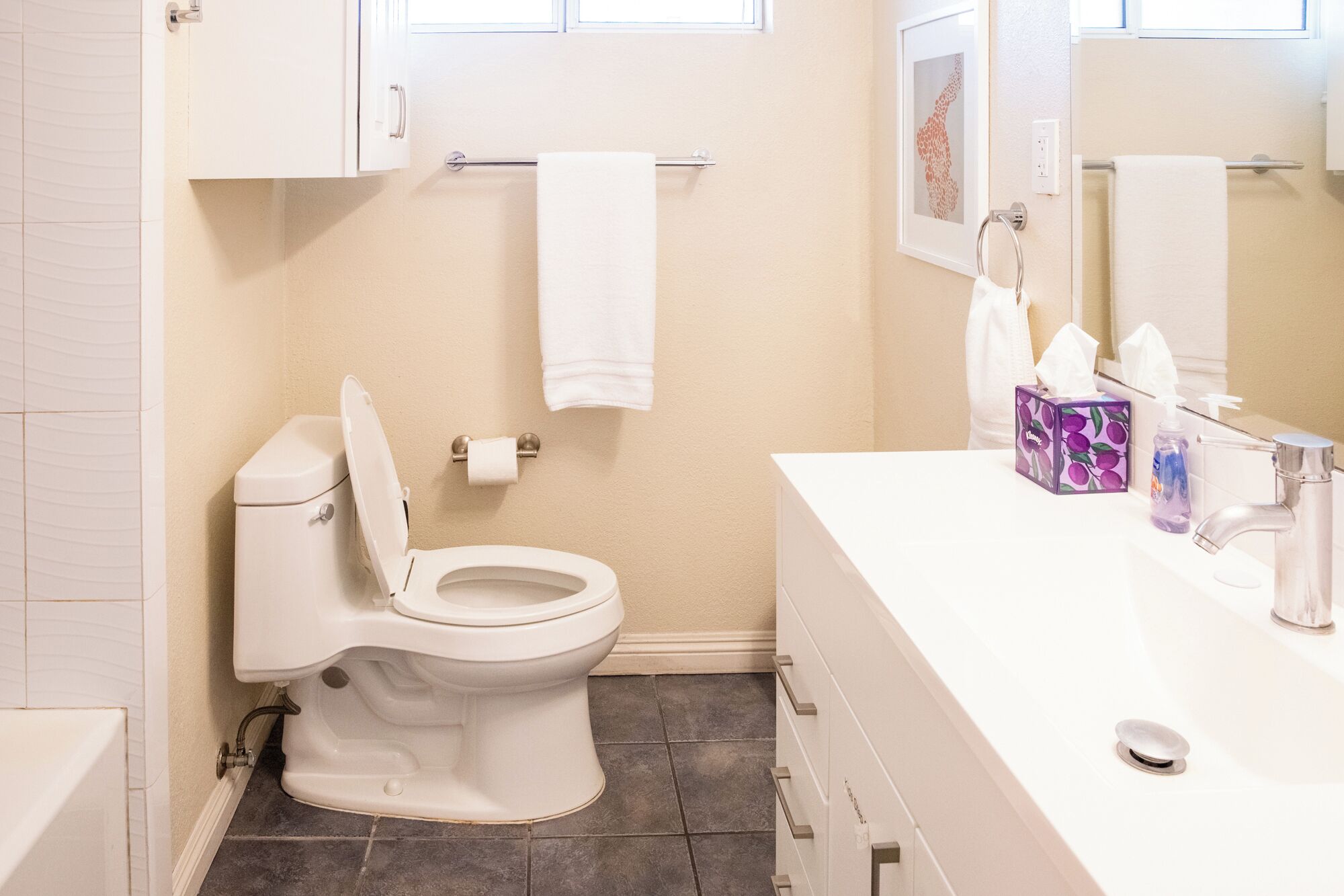 Une salle de bain comprenant des toilettes, un lavabo, un miroir, un porte-serviettes et un support à papier toilette.