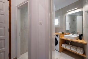 Shower, hair dryer, bidet, towels