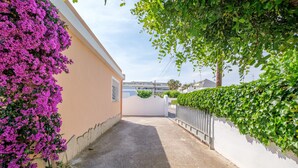 En smal gyde med en bygning dækket af lilla blomster på den ene side og en hvid mur på den anden.
