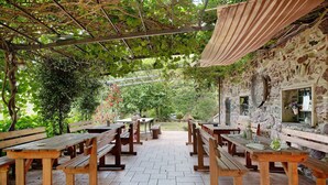 Eine Terrasse im Freien mit Holzbänken und -tischen, einer Steinmauer und einer Pergola mit Weinreben.