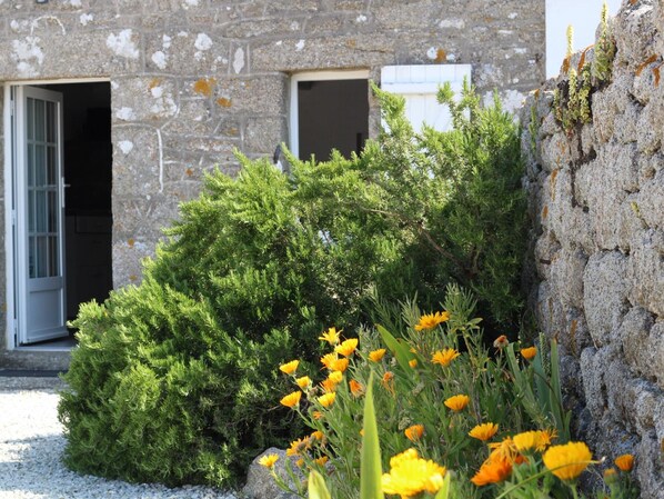 Edifici de pedra amb una porta i finestres, envoltat de vegetació i flors grogues.