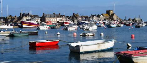 Un port où sont amarrés différents bateaux, avec des bâtiments en arrière-plan et une eau calme.