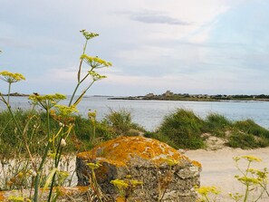 Paisaje costero con una masa de agua, una playa de arena y una estructura de piedra cubierta de líquenes.