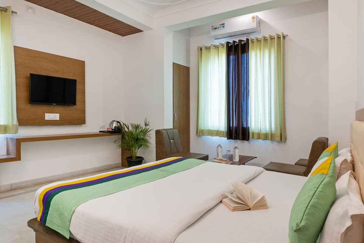 A hotel room with a bed, a TV mounted on the wall, a window with curtains, a potted plant, and a bedside table with a bottle and a book.