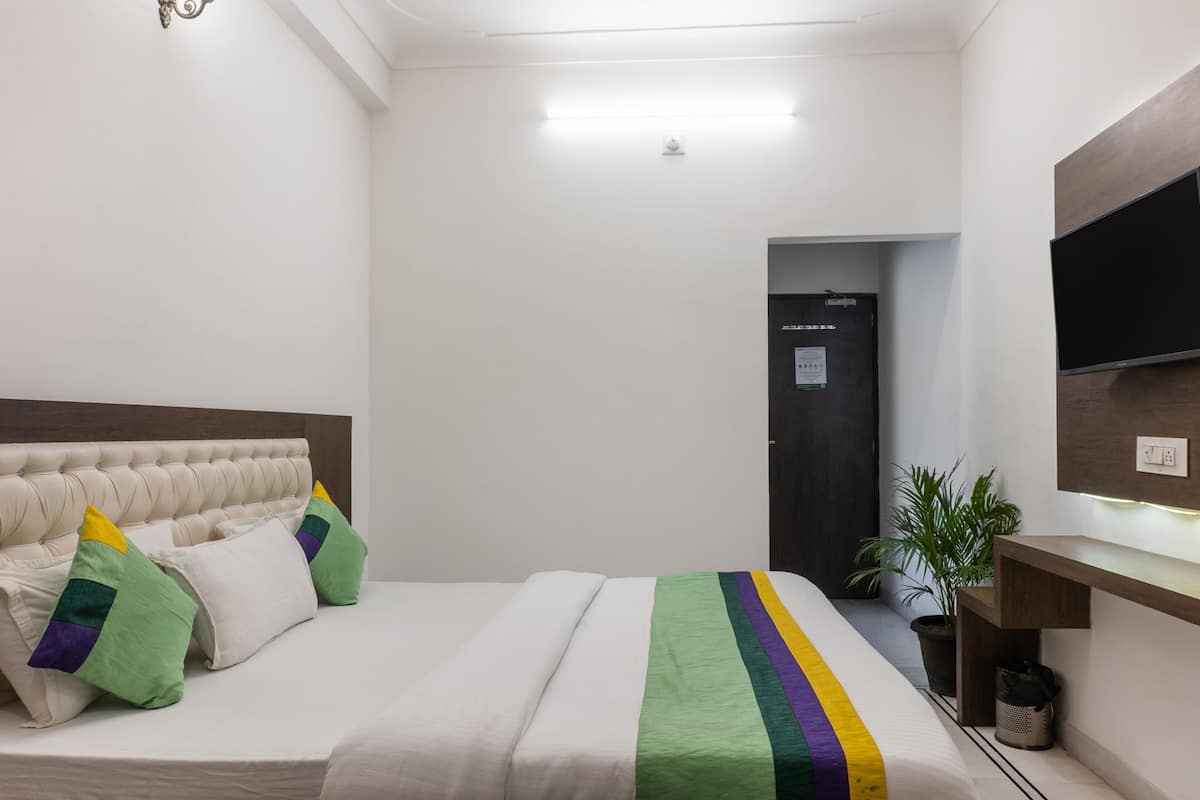 A hotel room with a bed, a headboard, a bedside table, a potted plant, and a TV mounted on the wall.