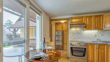 Fridge, oven, stovetop, electric kettle