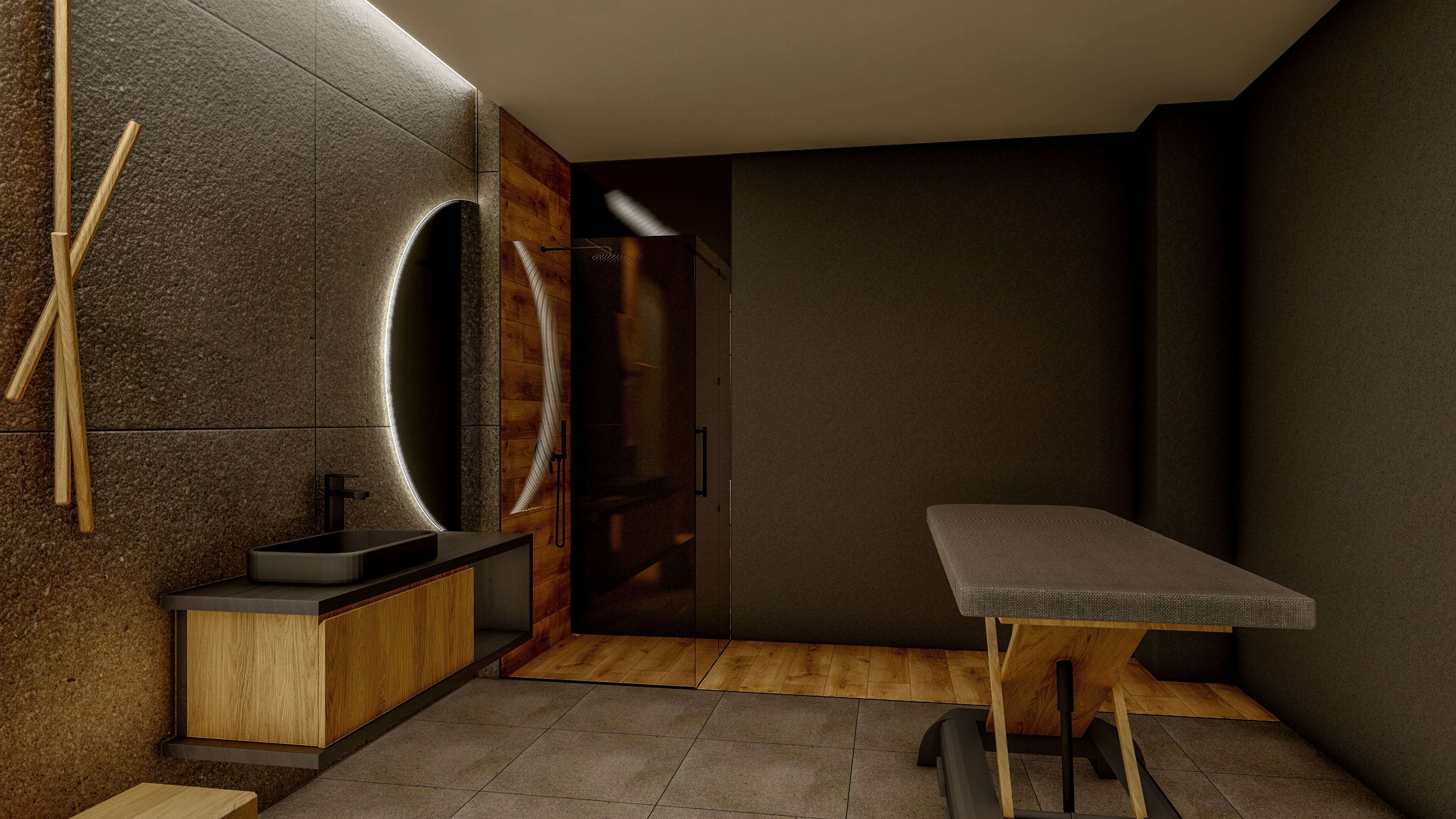 Une salle de bain moderne avec un meuble-lavabo en bois, un évier et un miroir.