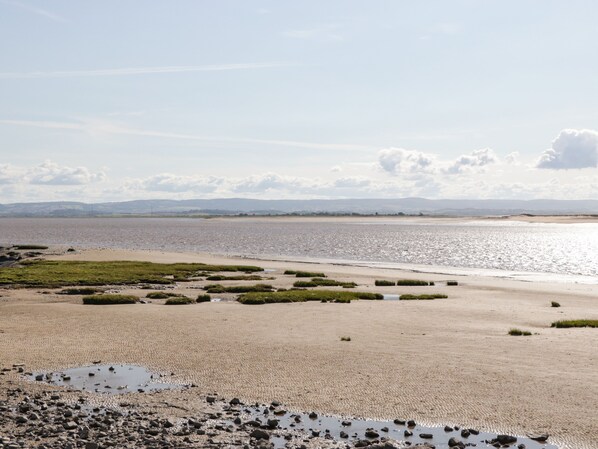 A coastal landscape with a sandy beach, grassy areas, and a calm sea. - Little Walton (Burnham-on-Sea)