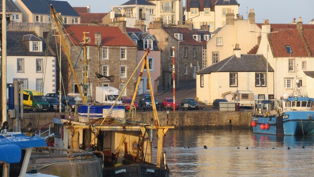 A harbor with boats, a crane, and buildings in the background.