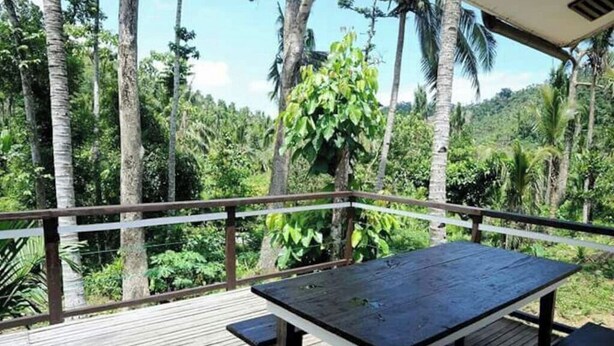 A wooden deck with a picnic table and benches, surrounded by lush greenery and tall trees. - Farmstead vacation house in the middle of Sabang and Dinadiawan beach (Dipaculao)