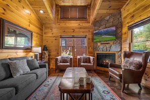 Living Room with fireplace, TV, and sleeper sofa