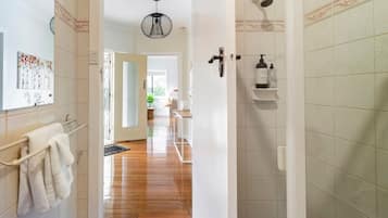 Combined shower/bathtub, hair dryer, towels