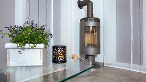 A modern interior with a glass-top table, a potted plant, and a wood-burning stove. - Great detached house near Lake Constance (Lauterach)