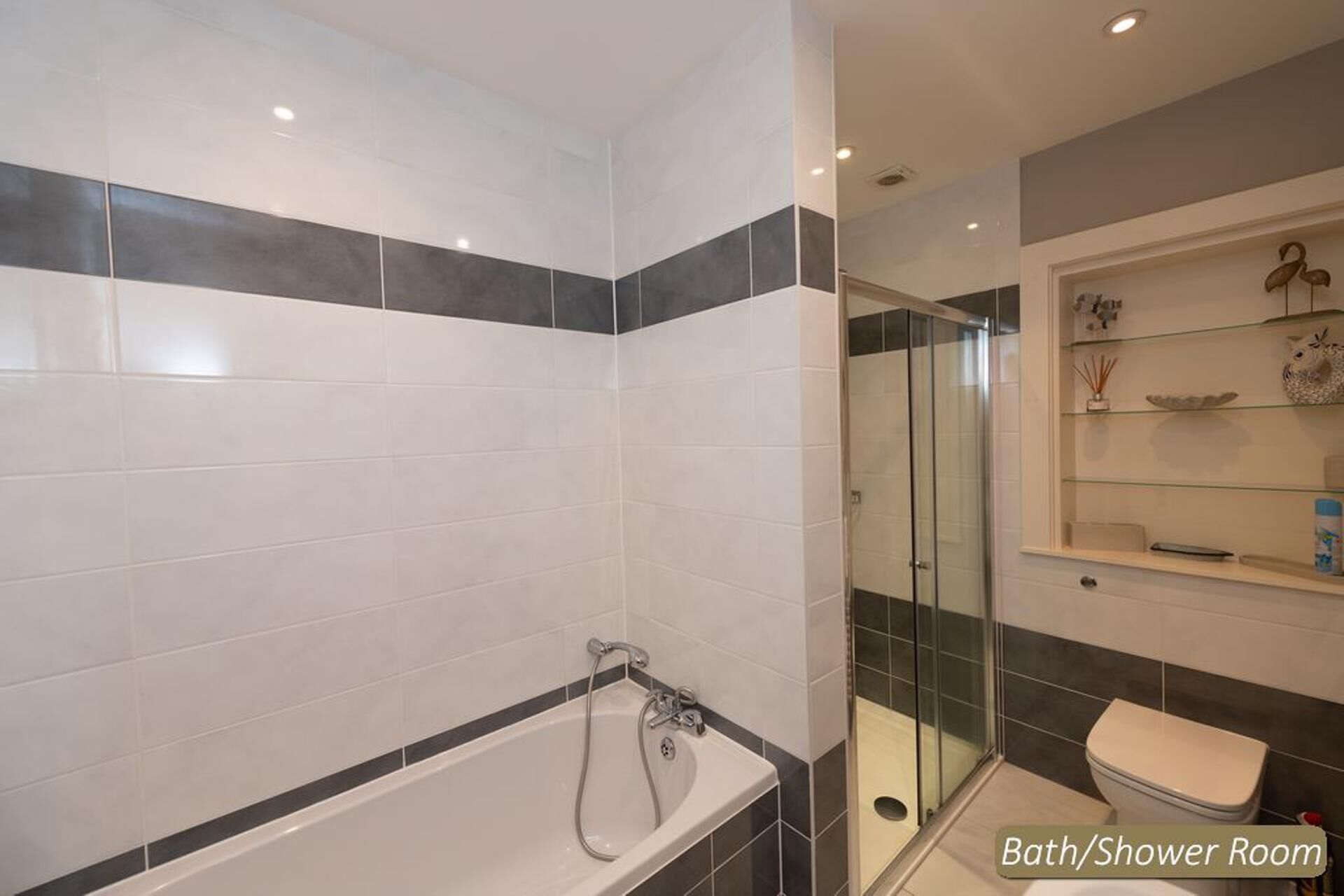 Een badkamer met een bad, douche en toilet.