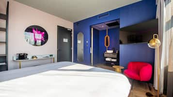 Shower, rainfall showerhead, hair dryer, towels