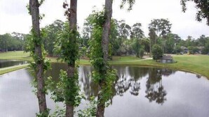 A pond surrounded by trees, a grassy area, and a building in the background.