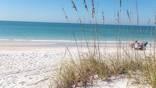 A beach with sand and tall grass in the foreground, and a person lying on a beach towel in the background.