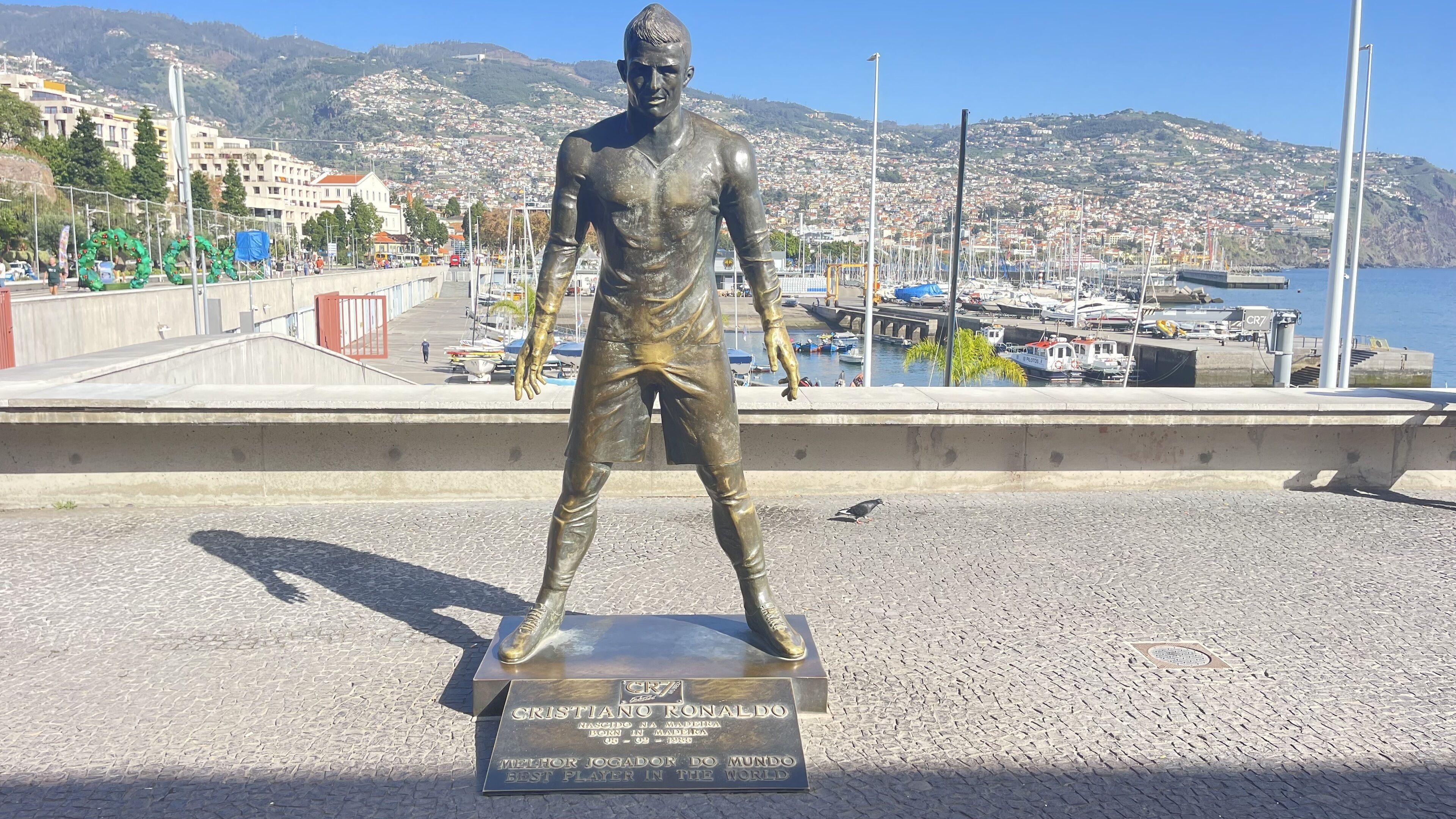 A bronze statue of a man on a pedestal with a plaque, set against a backdrop of a coastal town with buildings and boats.