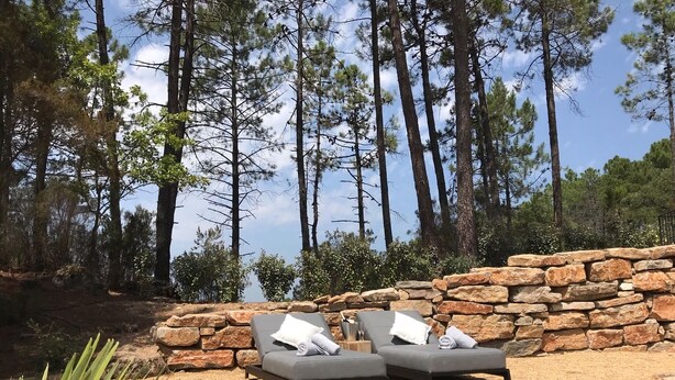 A stone wall with two lounge chairs and a small wooden table, surrounded by pine trees and a clear sky.