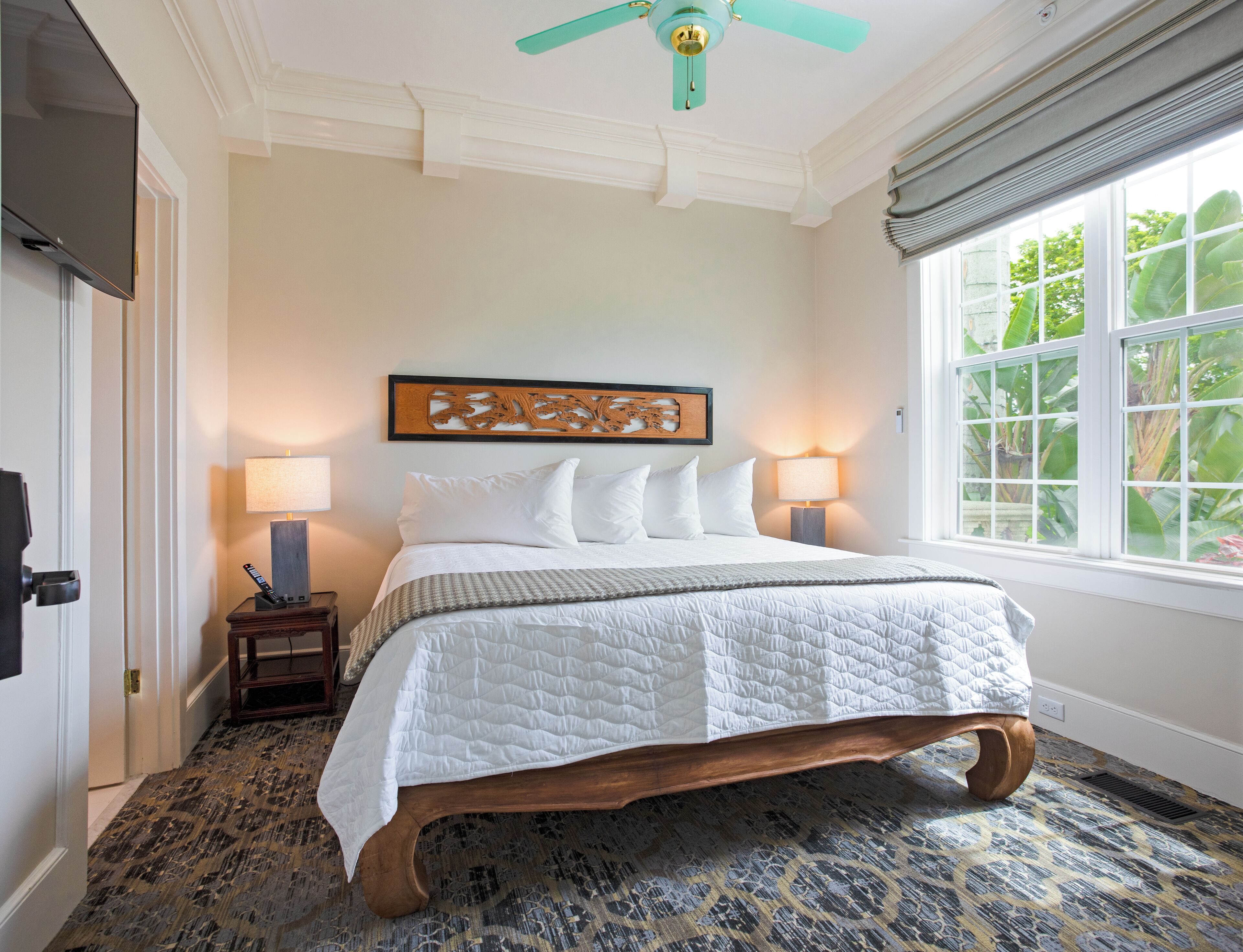 premium bedding, blackout curtains, iron/ironing board