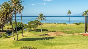A golf course with a view of the ocean and palm trees. - Oceanfront 1BR Kihei condo with private lanai and pool access summer deals (Kihei)