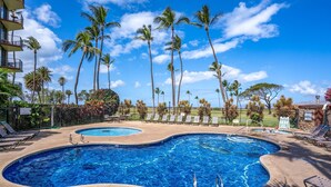 A swimming pool with lounge chairs and palm trees. - Oceanfront 1BR Kihei condo with private lanai and pool access summer deals (Kihei)