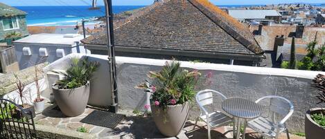 A rooftop terrace with potted plants, a metal chair, and a view of the ocean and town.