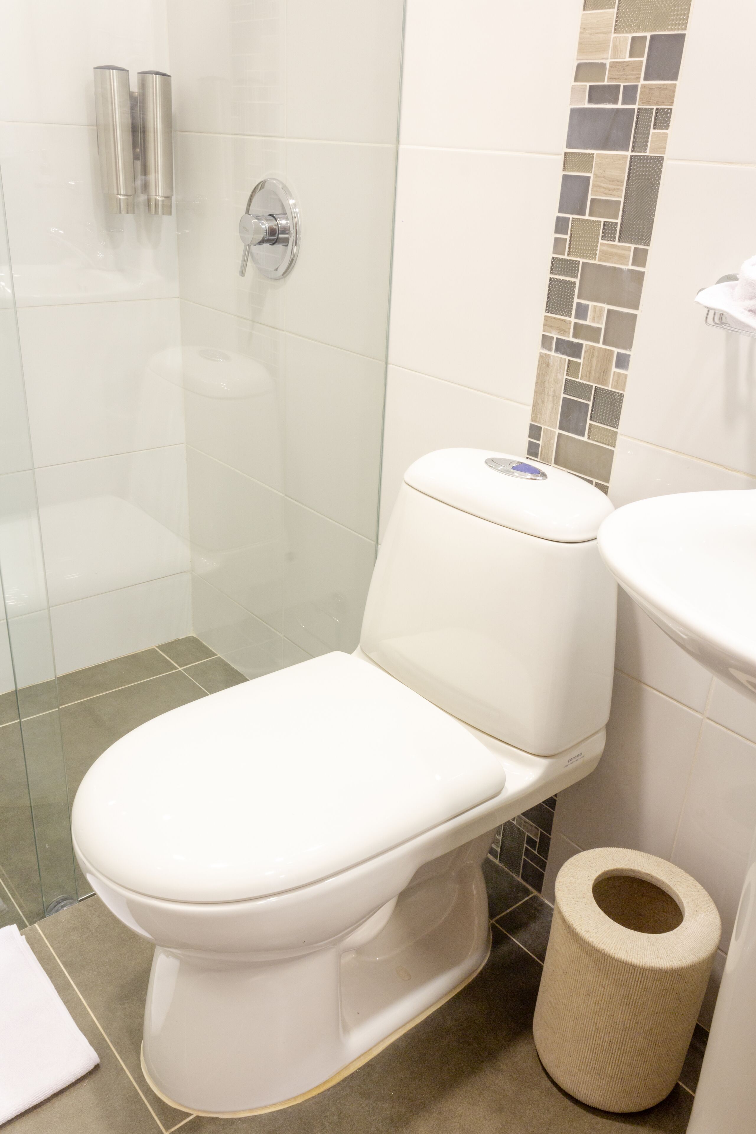A modern bathroom with a toilet, a shower enclosure, and a toilet paper holder.