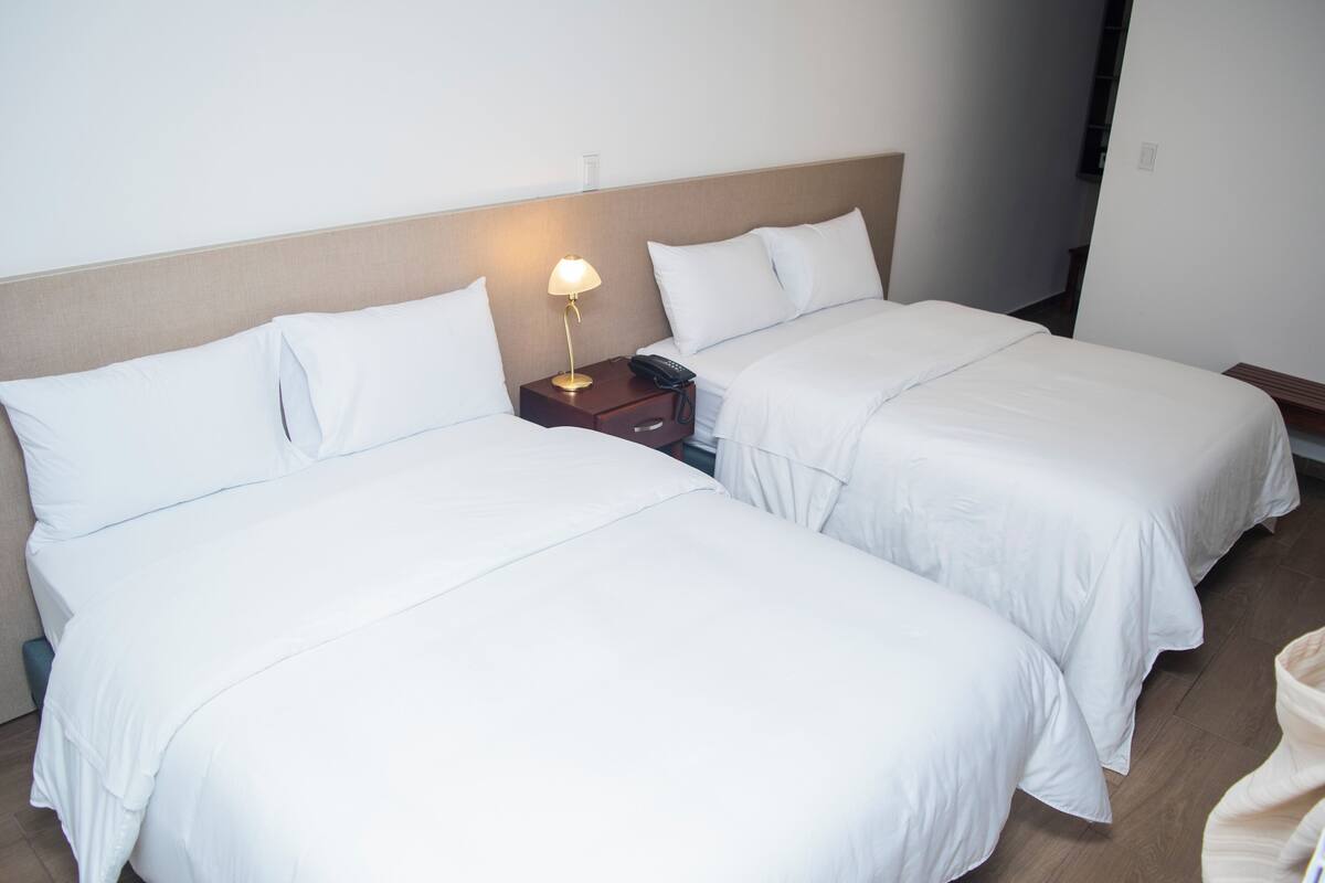 Two single beds with white linens, a bedside table with a lamp, and a wooden headboard.